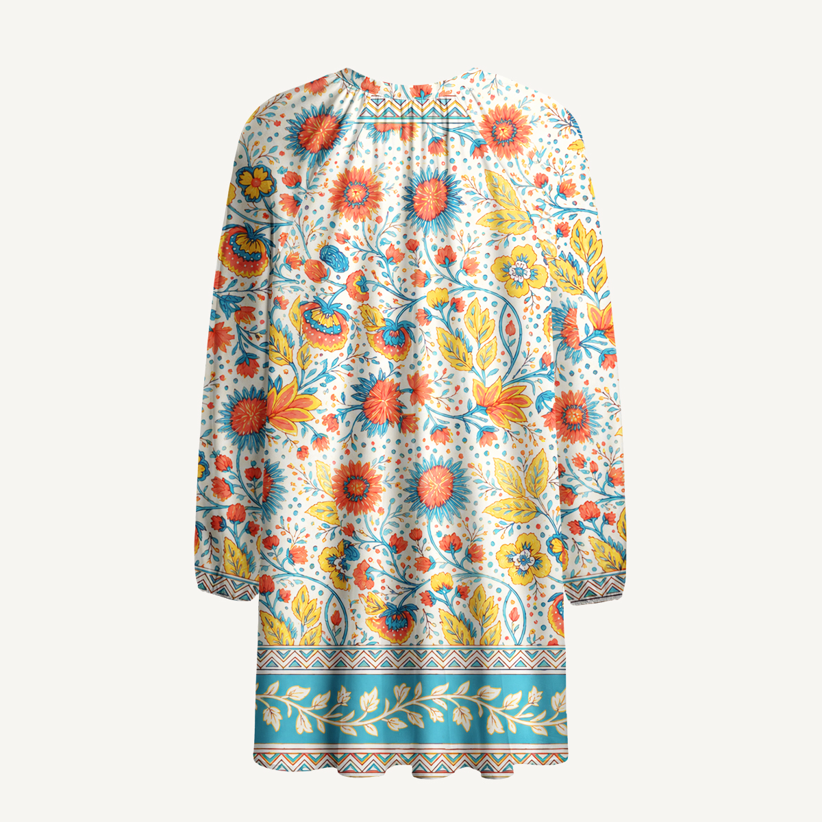 Moroccan Garden Pattern Tie‑Neck Long Sleeve Mini Dress