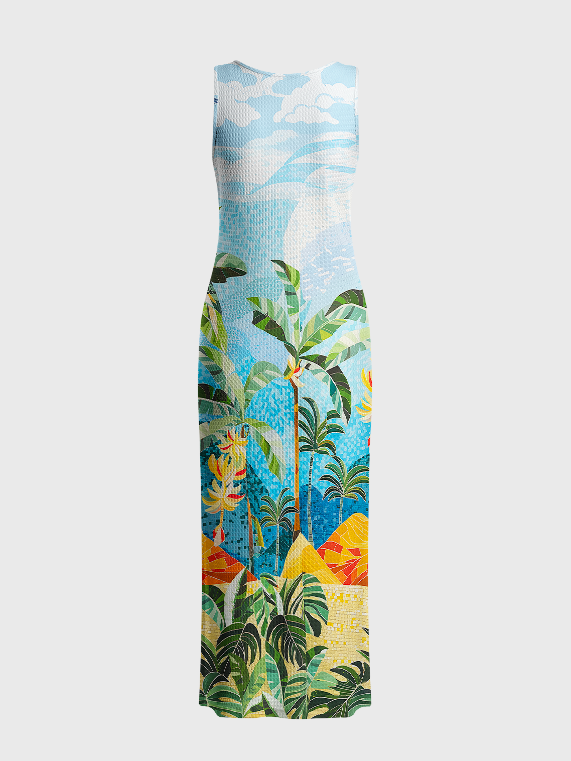 Rainforest Palm Tree Printed Crochet Knit Maxi Dress