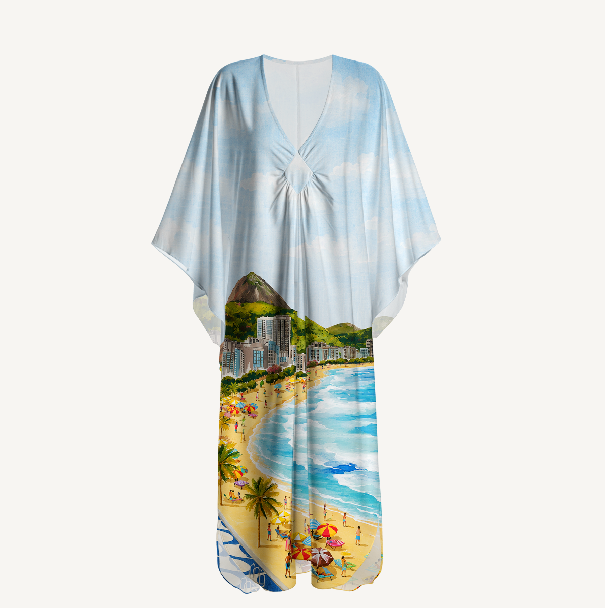 Rio Beach Scene Kimono Sleeve Kaftan Dress