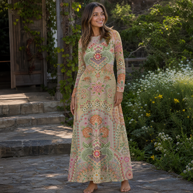 Patchwork Mandala Floral Print Soft-Touch Stretch Knit Long Sleeve Maxi Dress with Pockets
