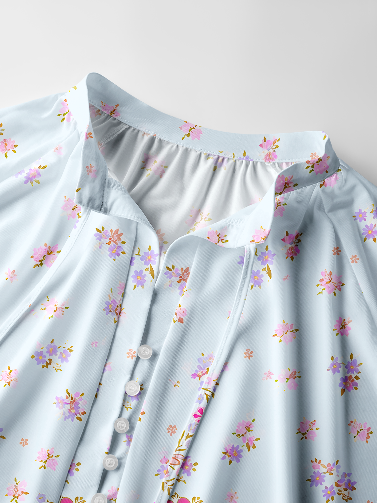 Pink Petal Cascade Pattern Boho Long Sleeve Tie‑Neck Blouse