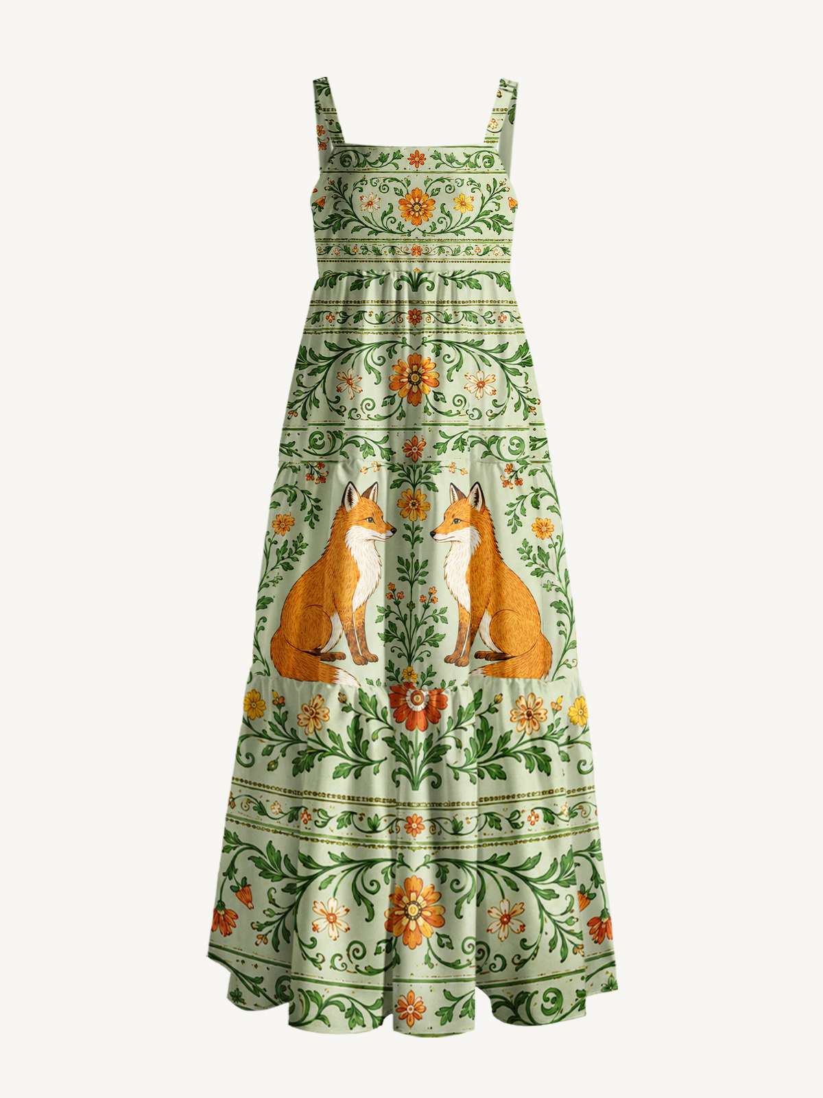 Sage Green Forest Foxes Strap Maxi Dress With Pockets