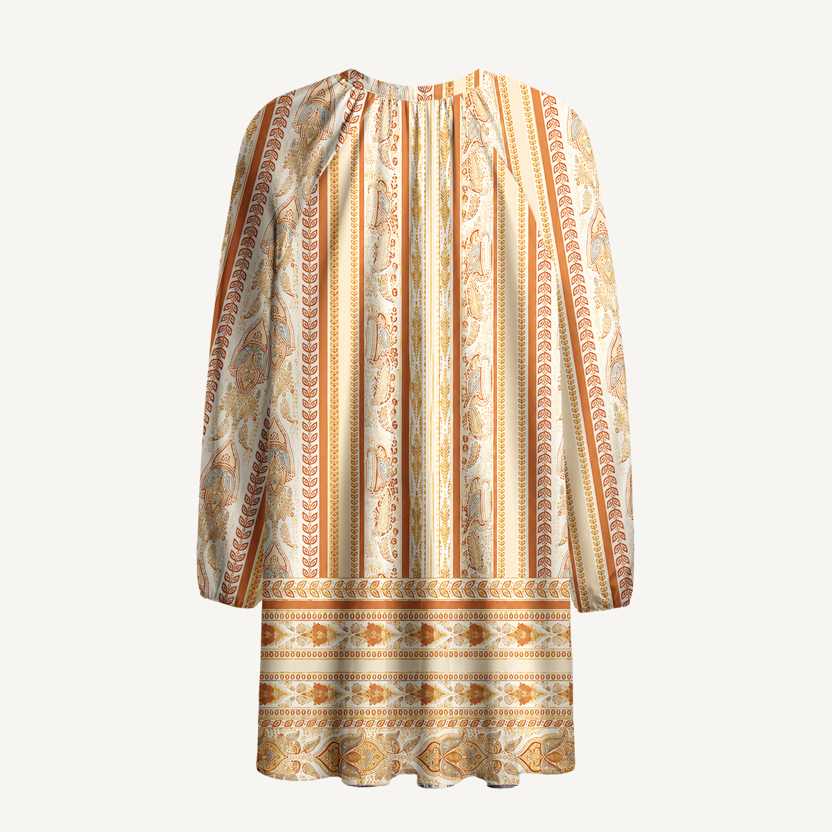 Orange Ethnic Inspired Botanical Stripe Long Sleeve Mini Dress