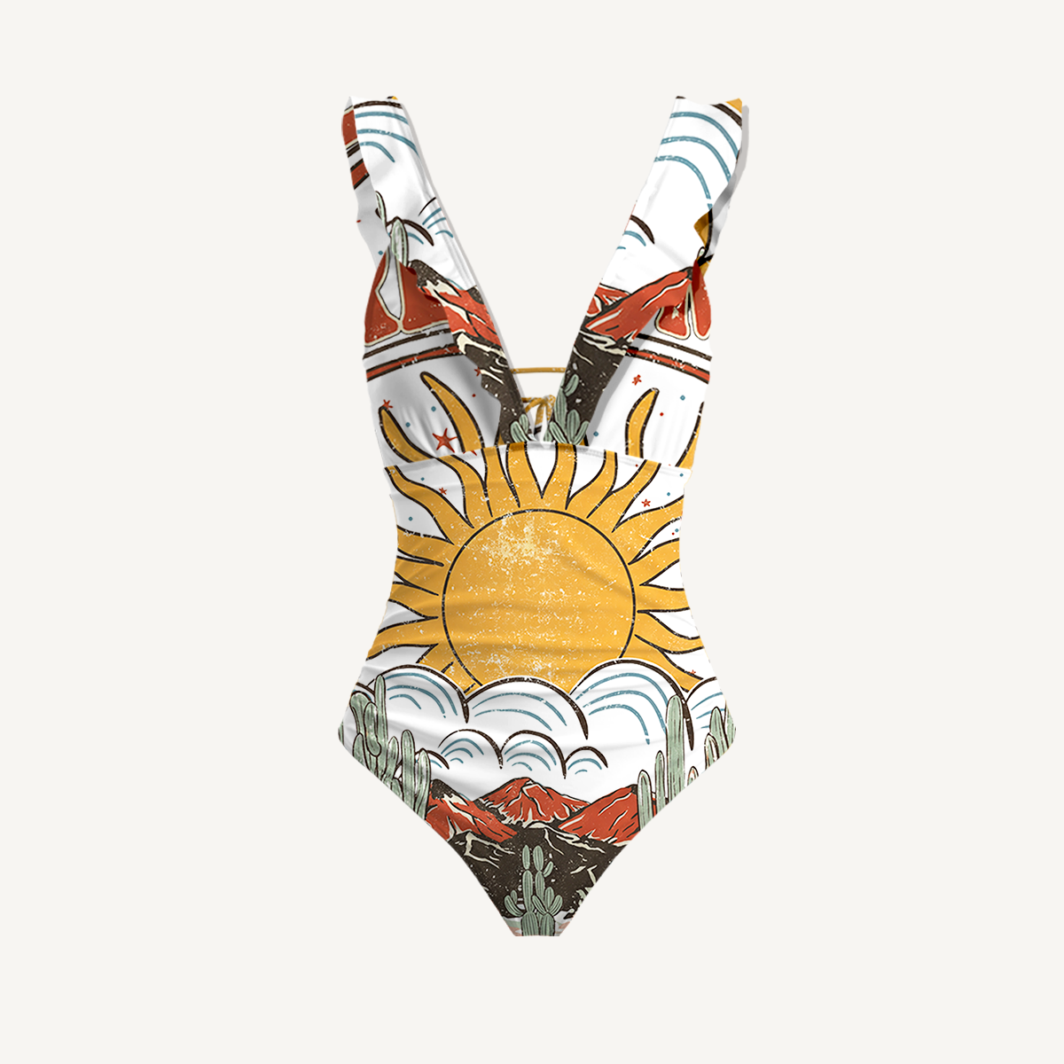 Western Sun & Cact Ruffled V Neck One Piece Swimsuit and Matching Midi Skirt Set