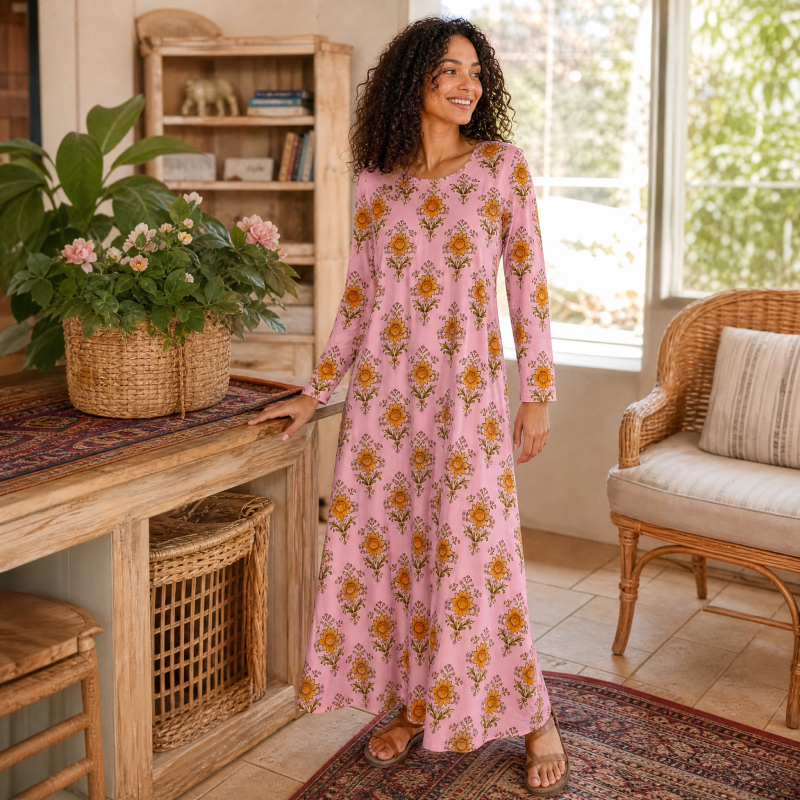 Pink Meadow Bloom Print Soft-Touch Stretch Knit Long Sleeve Maxi Dress with Pockets