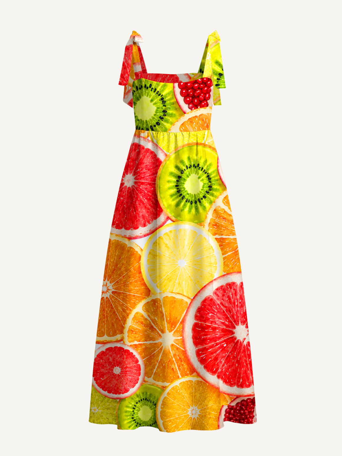 Tropical Fruit Cut Bow Strap Maxi Dress