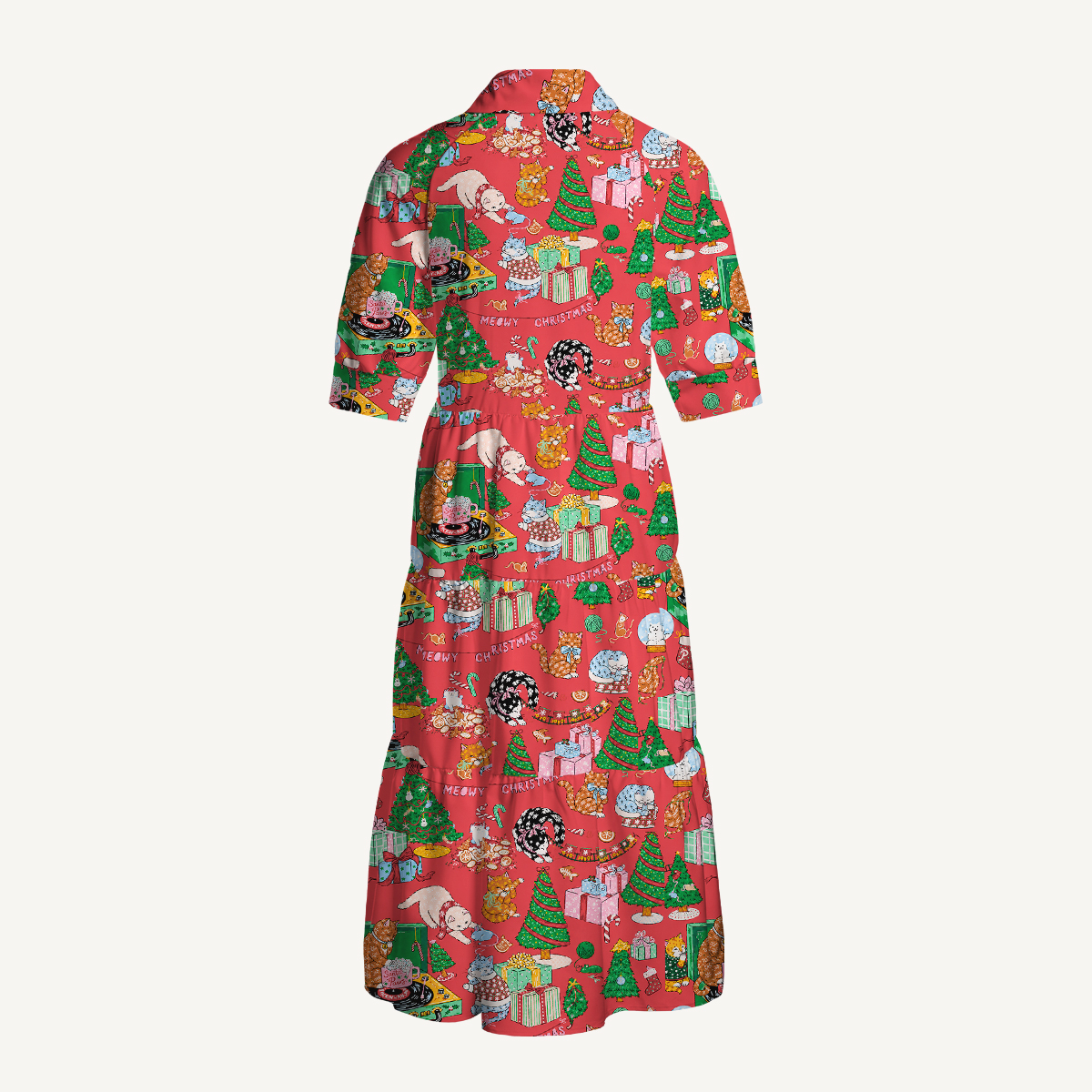 Festive Cats & Christmas Trees Elbow-Length Sleeve Midi Dress