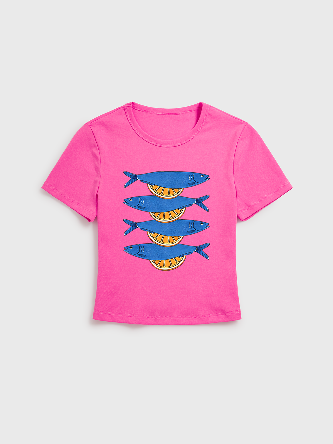 Blue Check Lemon Print Crew Neck Cotton Tee
