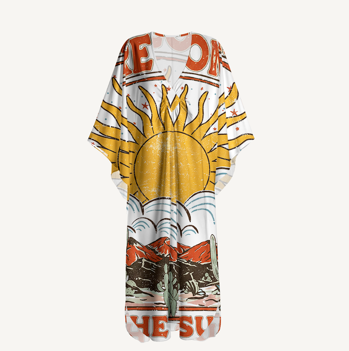 Western Sun & Cact Kimono Sleeve Kaftan Dress