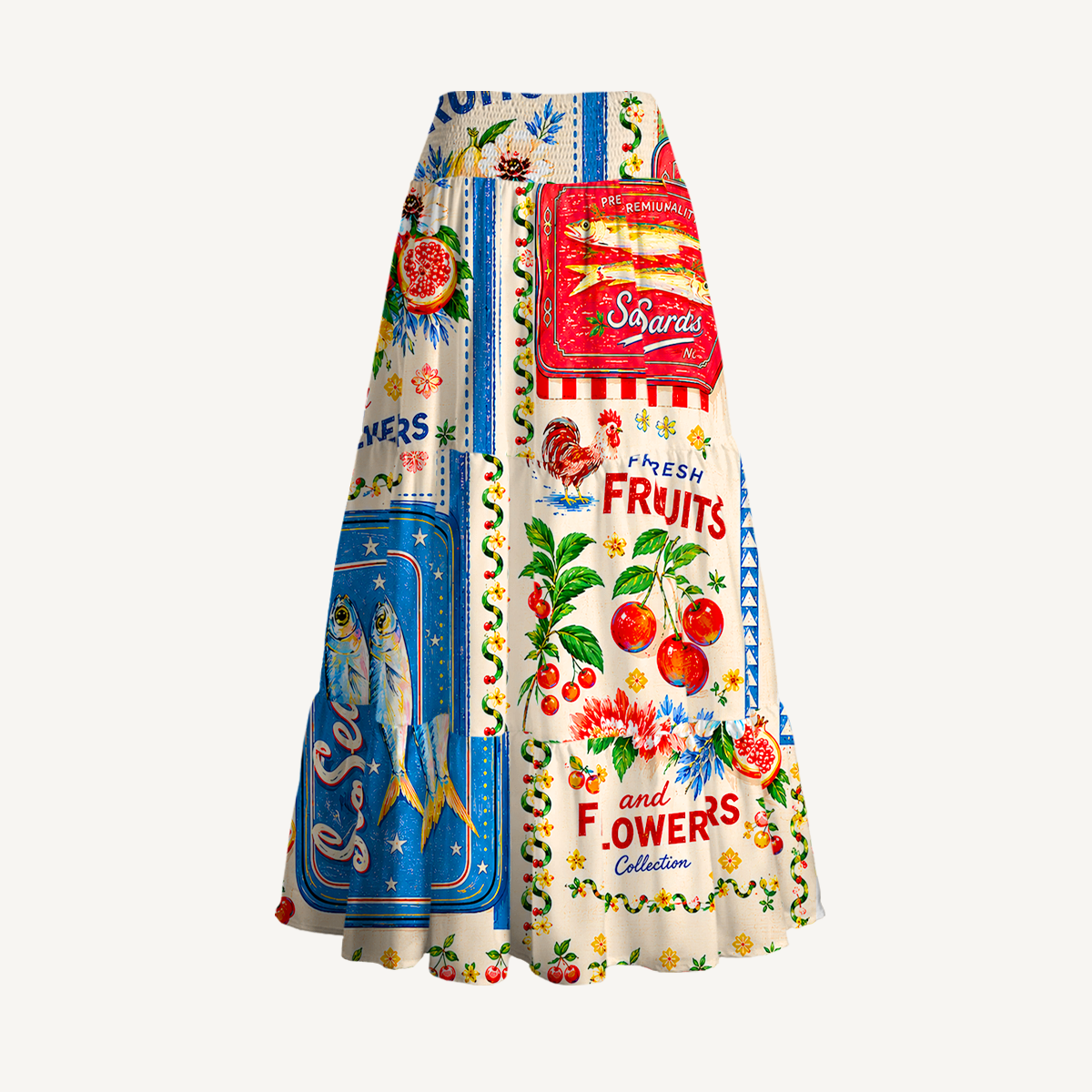 Fruits, Flowers & Fish Feast Print Maxi Skirt & Strapless Dress  