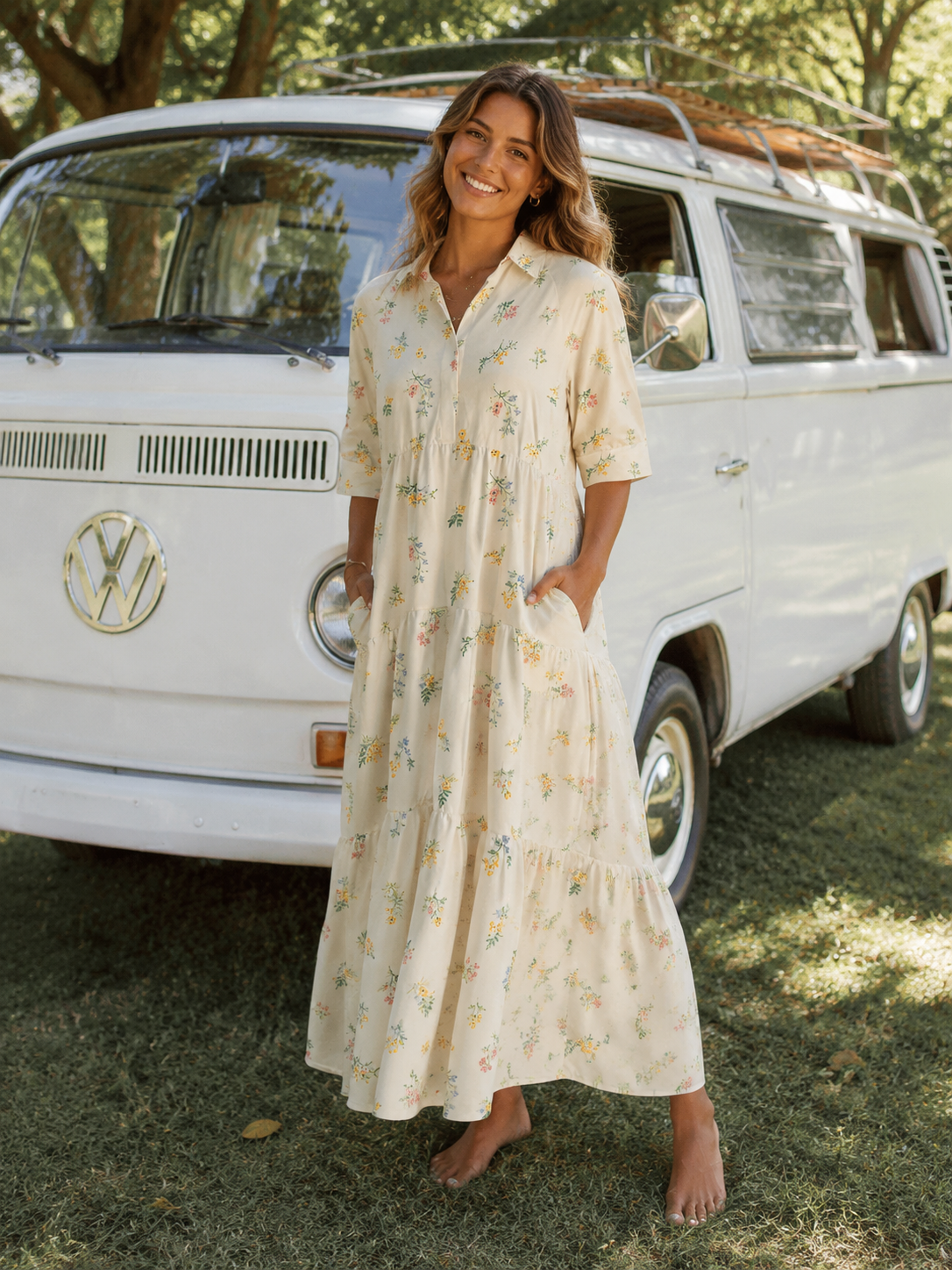 Whispering Wildflower Field Print Midi Dress For Women With Pockets