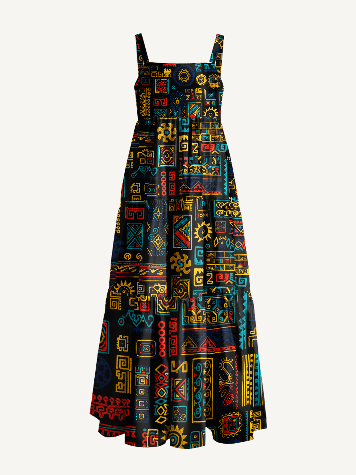 Aztec Sun Symbol Tapestry Strap Maxi Dress With Pockets