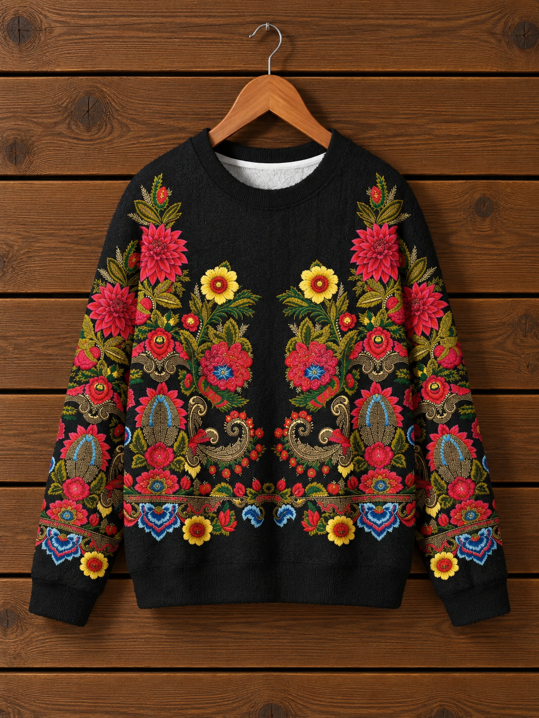 Ornate Folk Floral Border Crewneck Sweater
