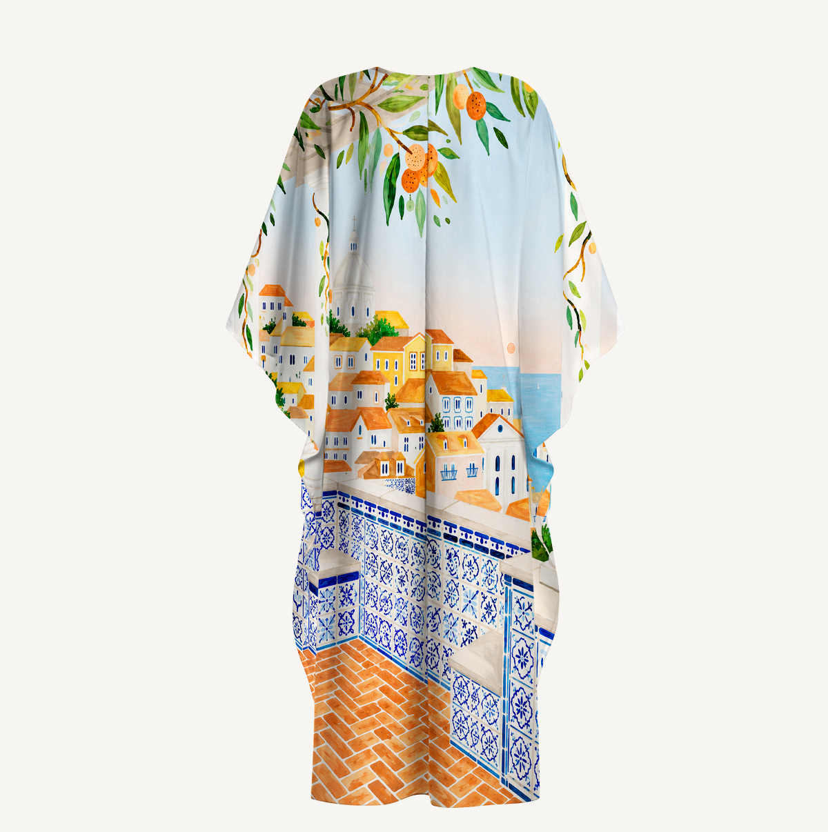 Lisbon Cityscape Kimono Sleeve Kaftan Dress