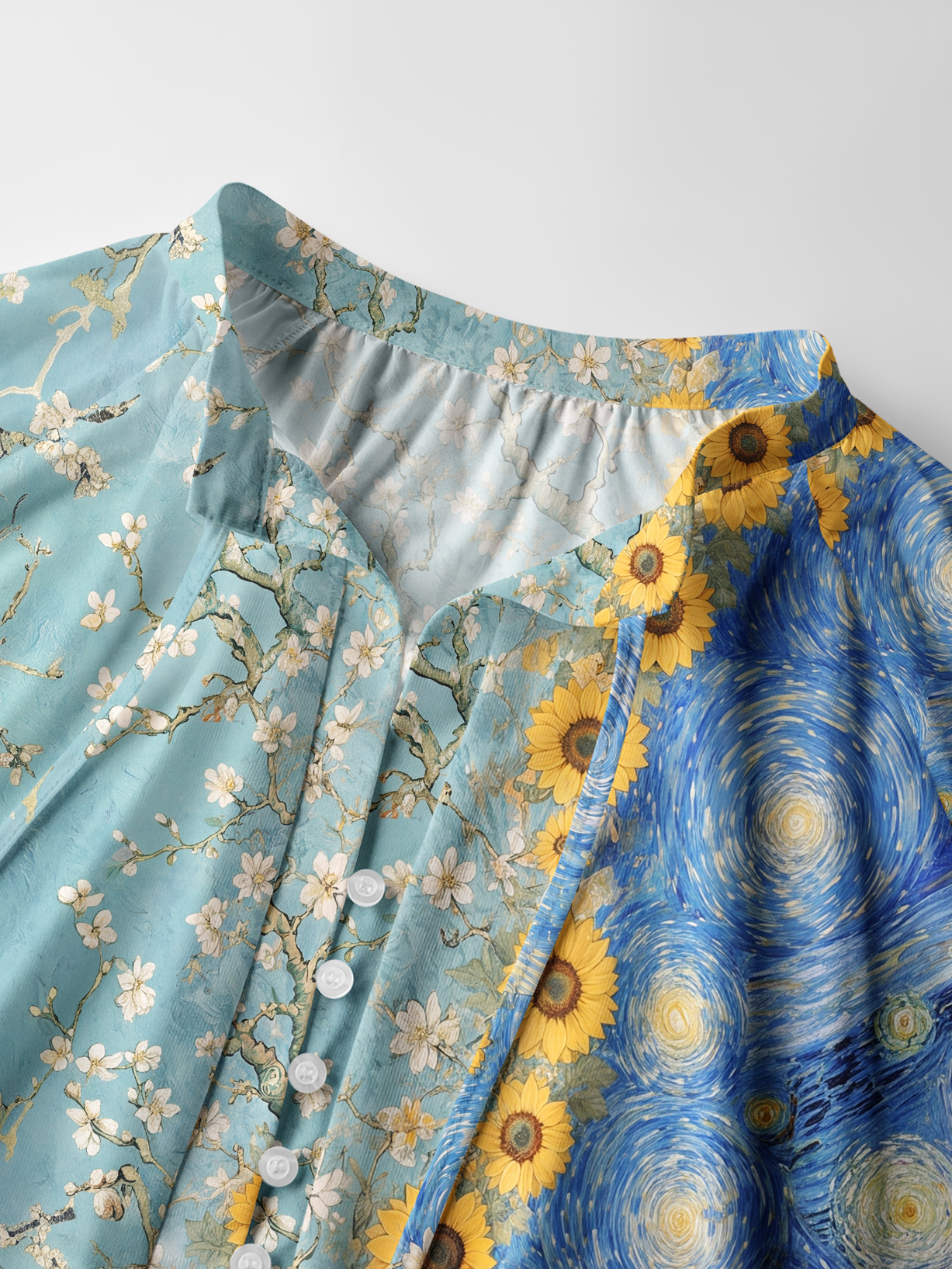 Van Gogh Almond Blossom Starry Night Sunflowers Long Sleeve Tie‑Neck Blouse