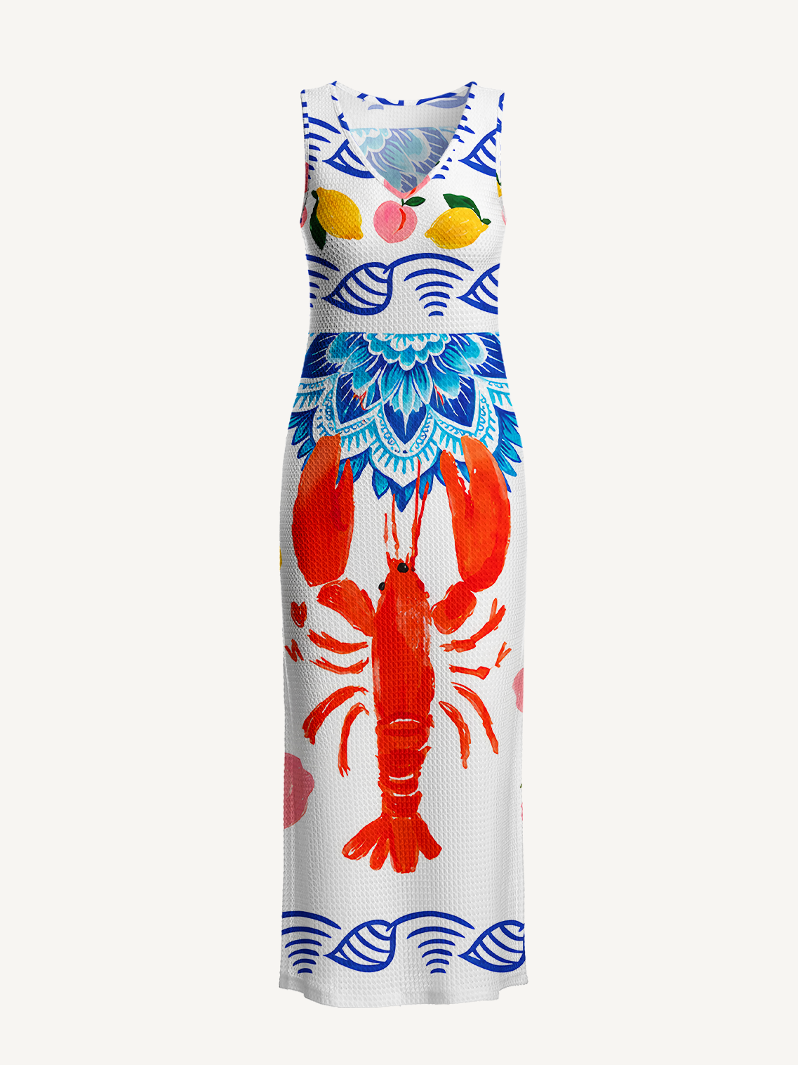 Lobster & Lemon Printed Crochet Knit Midi Dress