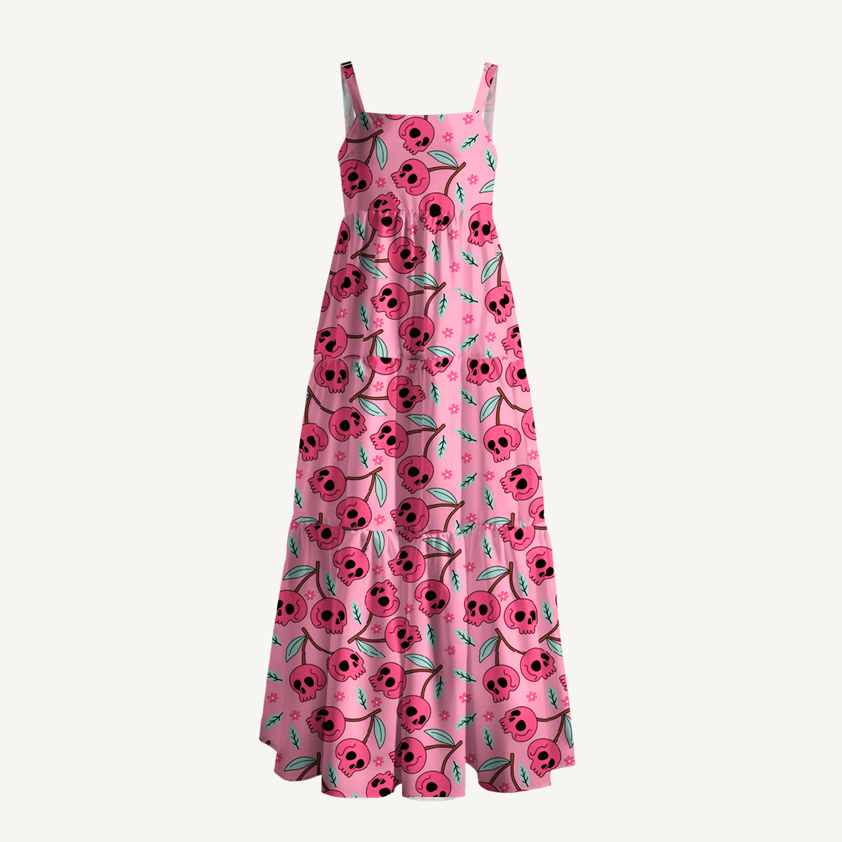 Pink Skull Blossom Halloween Strap Maxi Dress With Pockets
