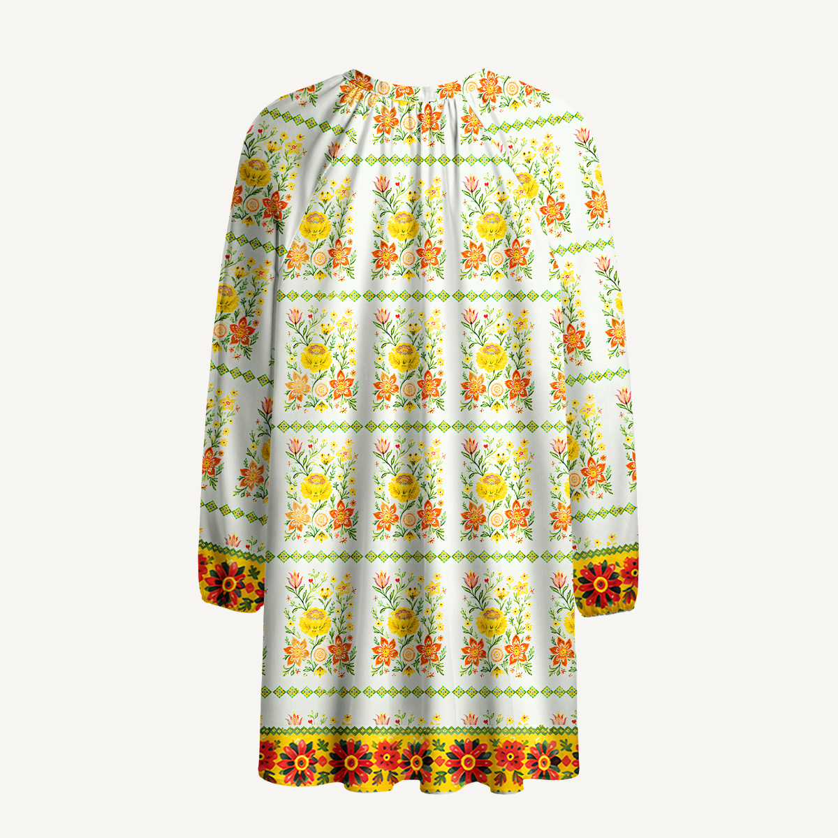 Sunny Floral Pattern Tie‑Neck Long Sleeve Mini Dress