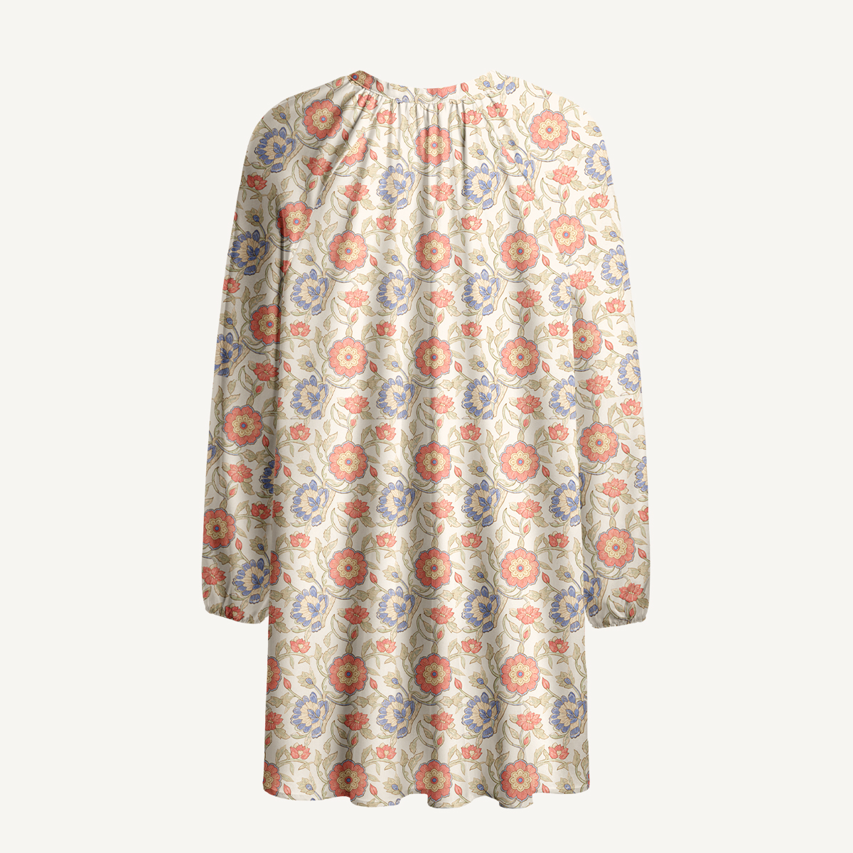 Coral Garden Floral Tie‑Neck Long Sleeve Mini Dress