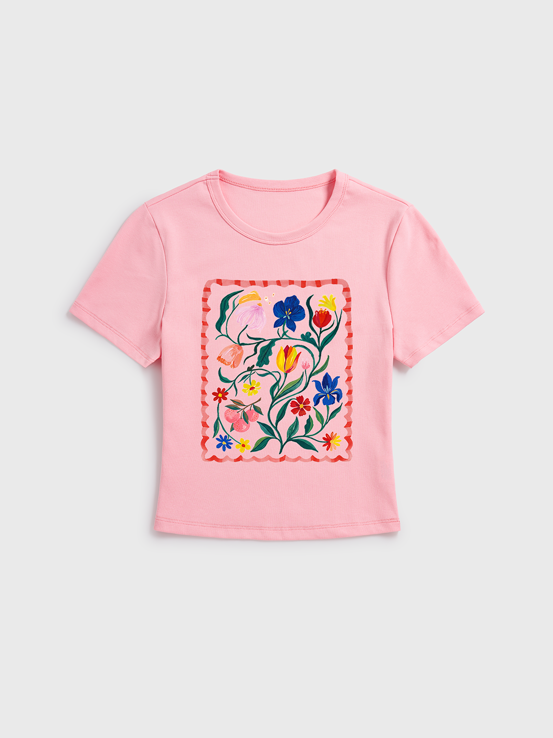 Retro Sun & Palm Print Crew Neck Cotton Tee