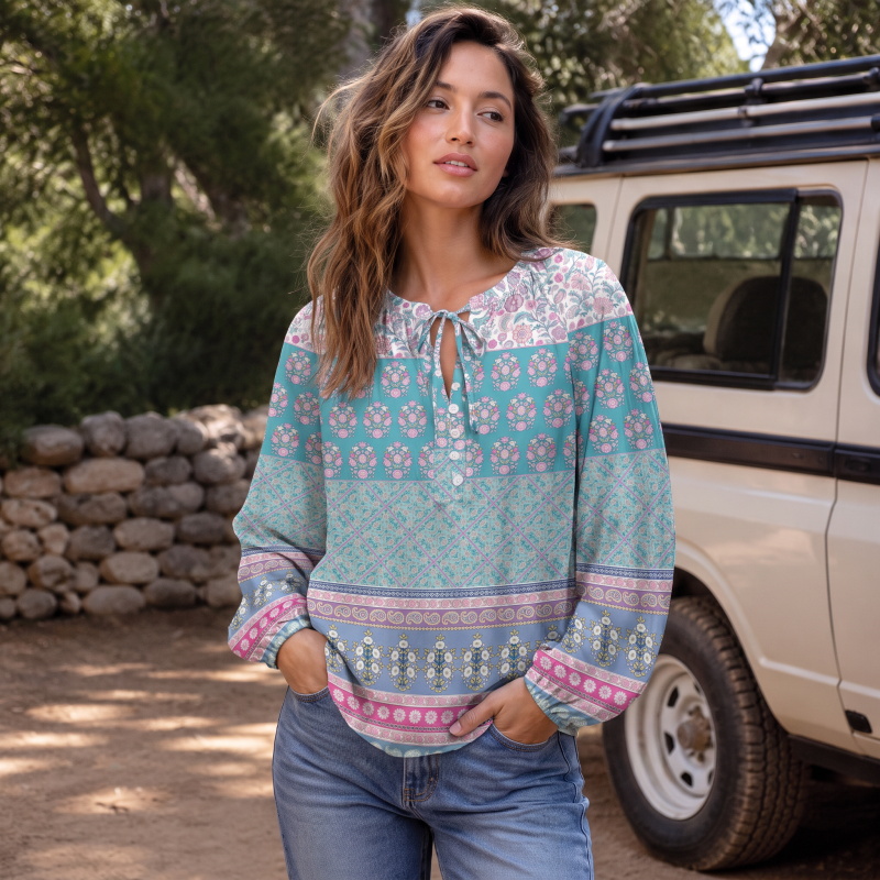 Pink Rose and Geometric Border Pattern Boho Long Sleeve Tie‑Neck Blouse