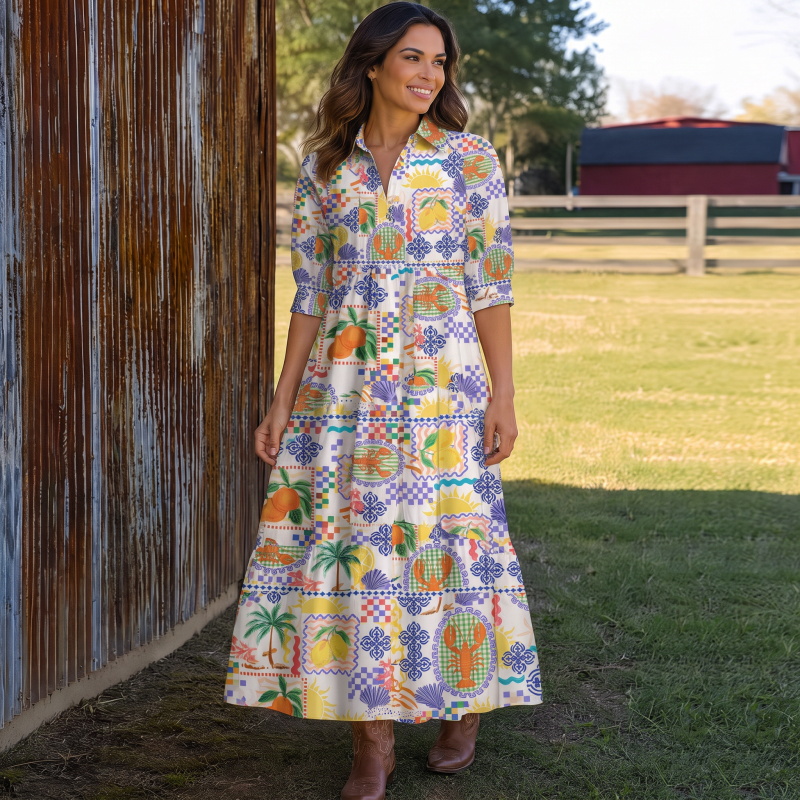 Mediterranean Floral Seaside Print Elbow-Length Sleeve Women Midi Dress With Pockets