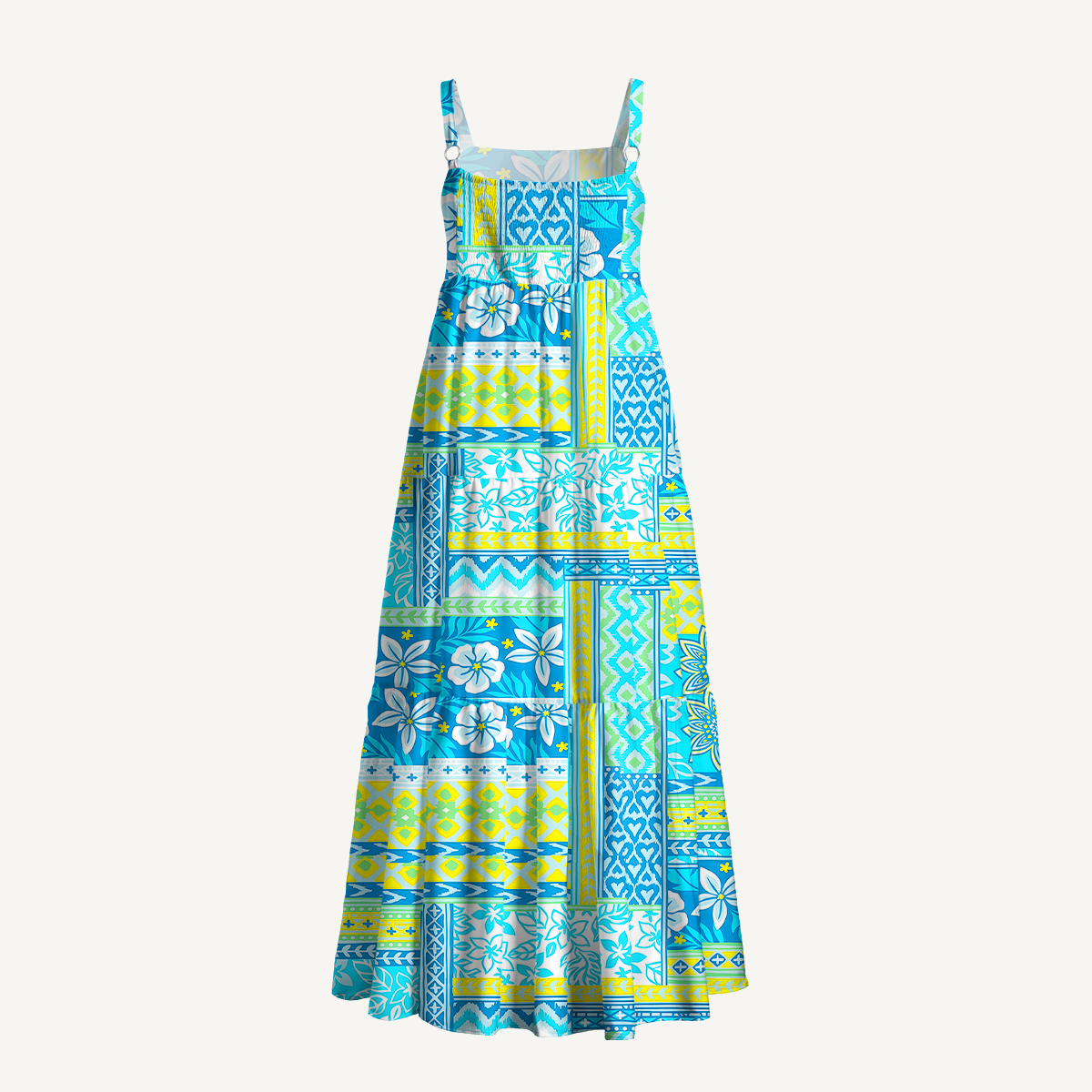 Azure Tropic Patchwork Soft Summer Maxi Dress With Pockets