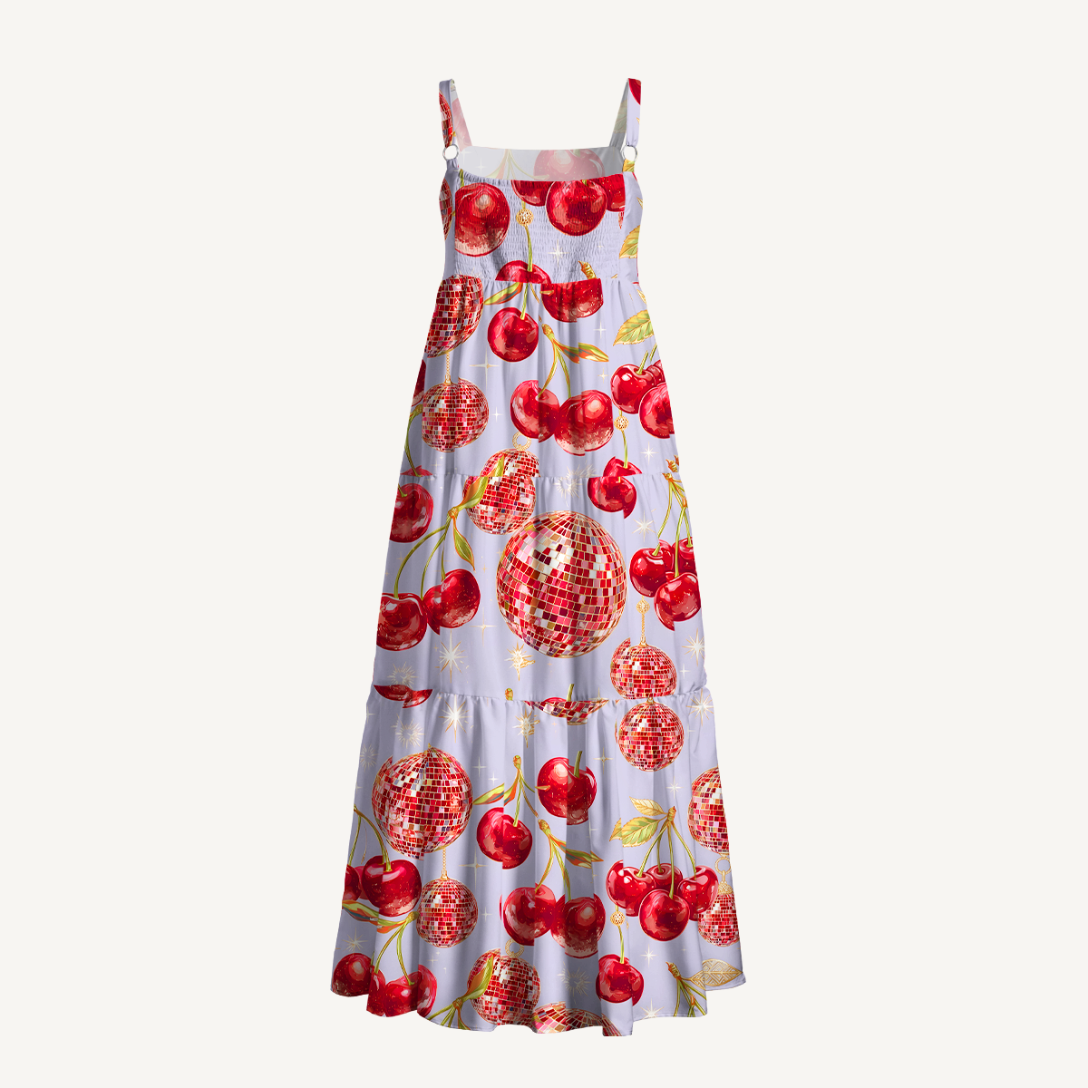 Cherry Disco Party Print Soft Summer Maxi Dress With Pockets
