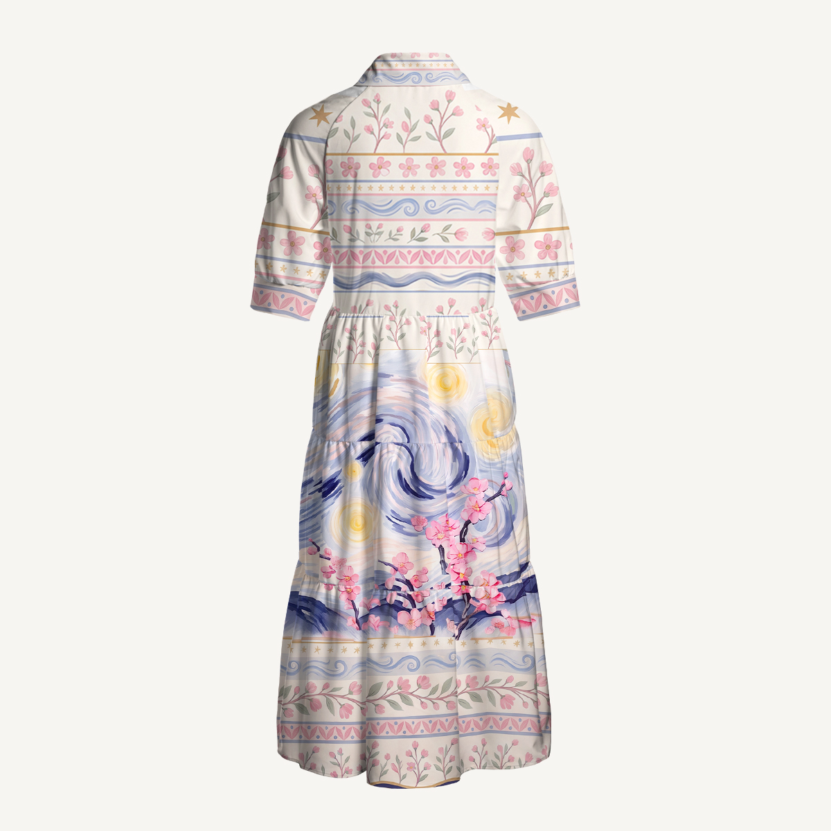 Starry Night Cherry Blossom Swirl Elbow-Length Sleeve Midi Dress