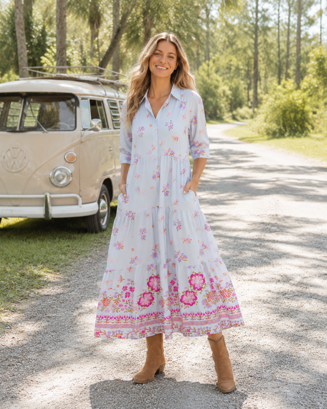 Pink Petal Cascade Print Midi Dress For Women With Pockets