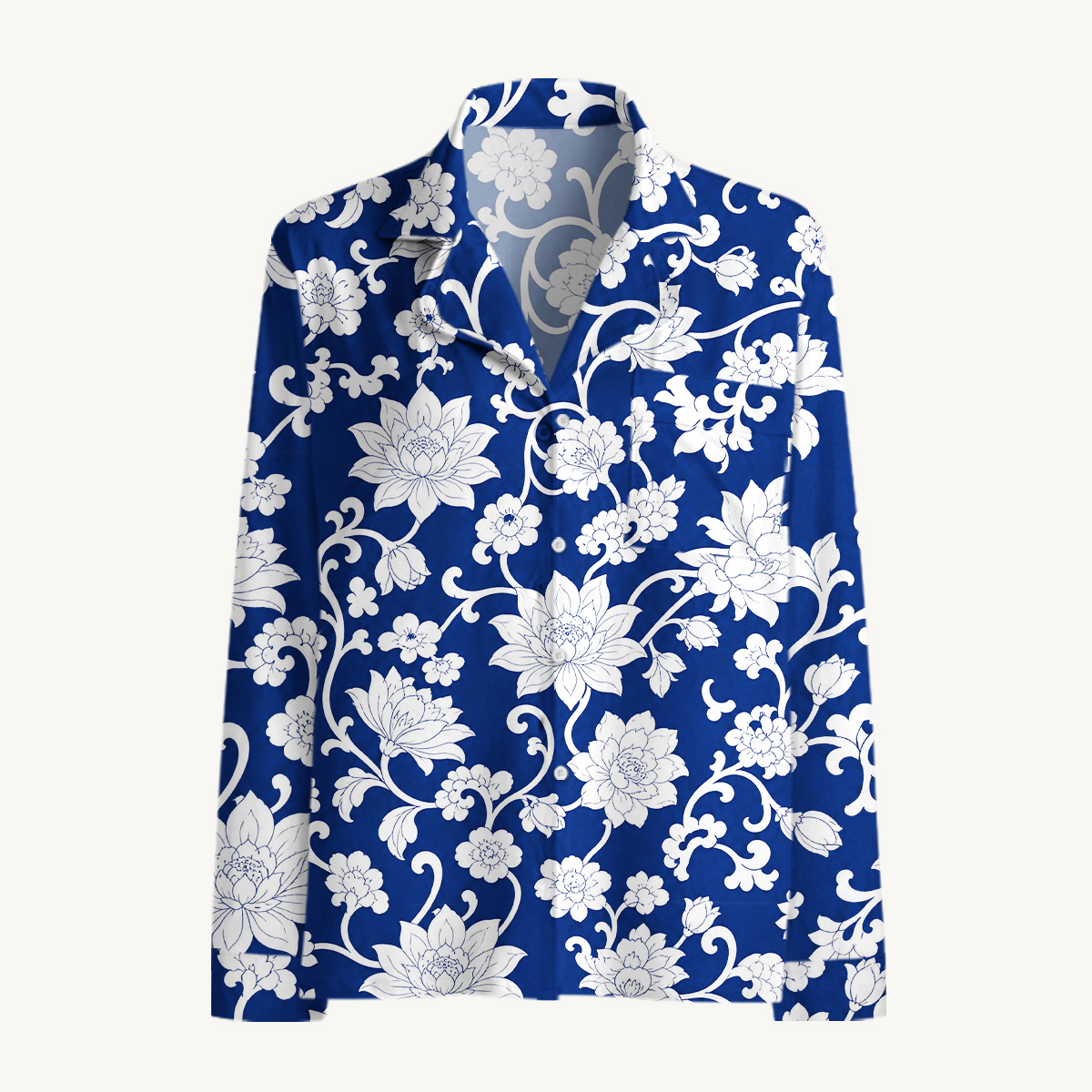 Blue & White Porcelain Floral Long Sleeves Pajama Sets