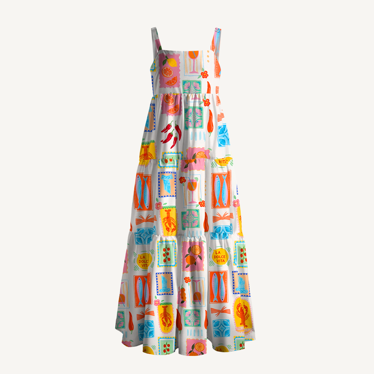 Tropical Stamp Print Wide Straps Maxi Dress With Pockets