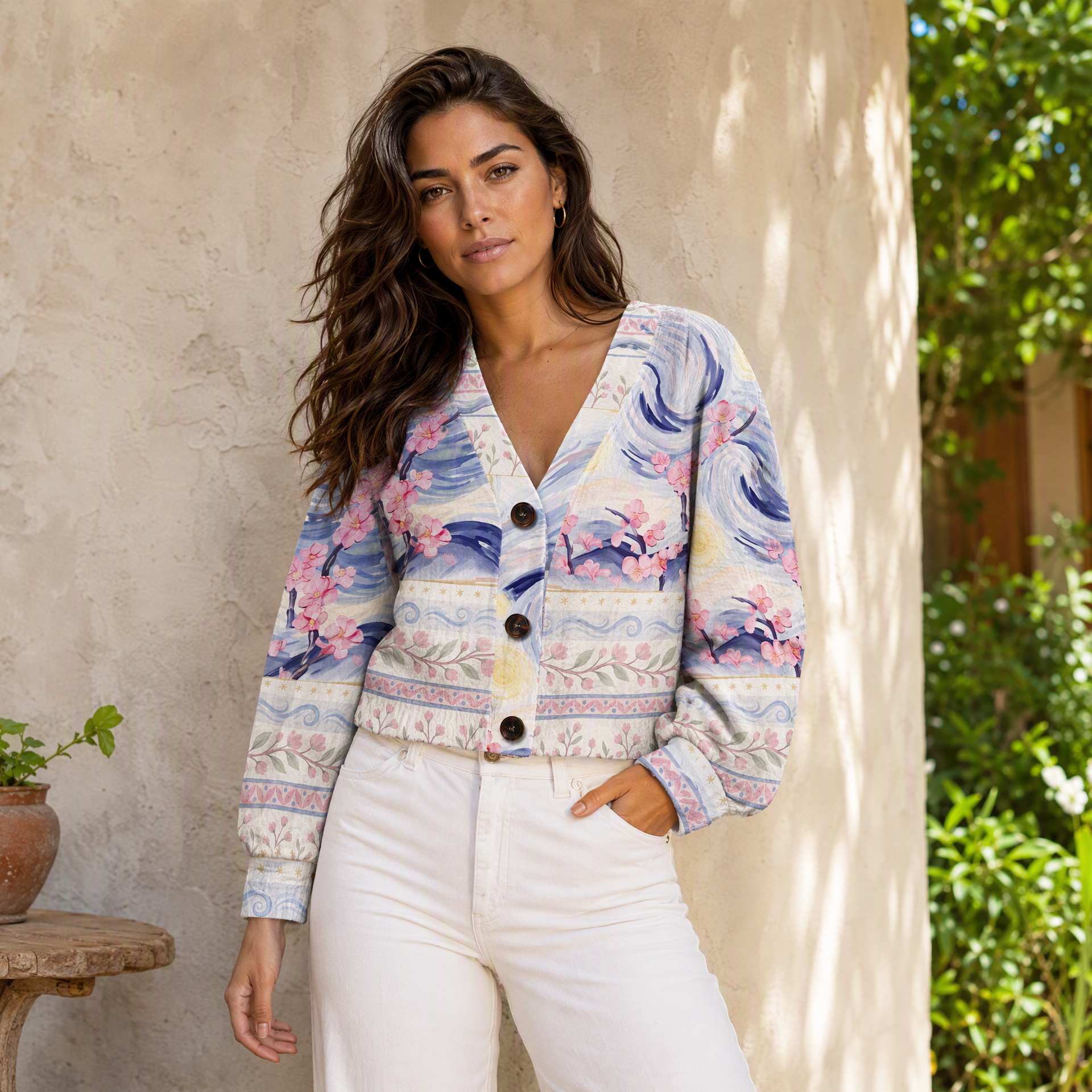 Starry Night Cherry Blossom Swirl Women's Fitted Cardigan Sweaters