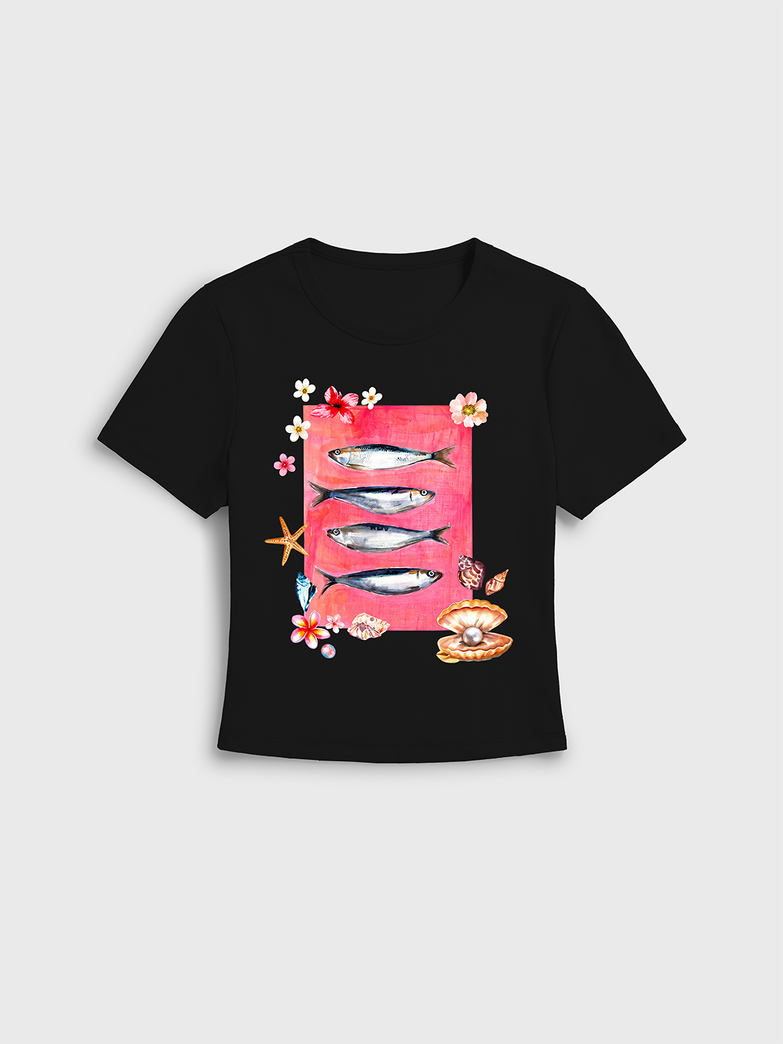 Pink Ocean Life Print Crew Neck Cotton Tee