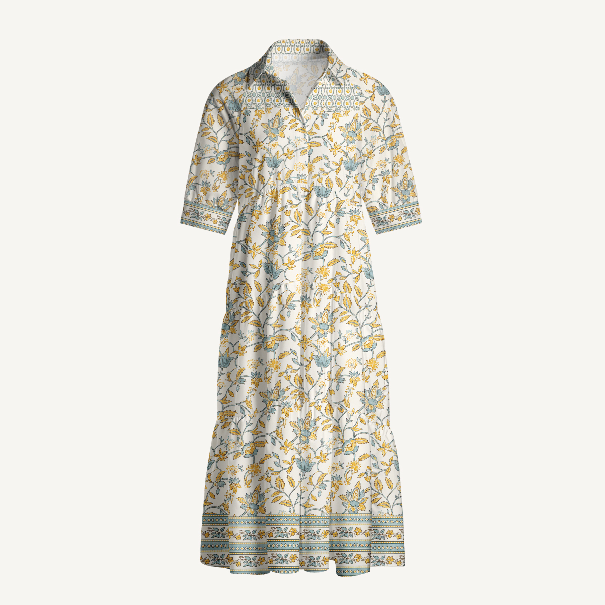 Soft Botanical Border Print Elbow-Length Sleeve Midi Dress
