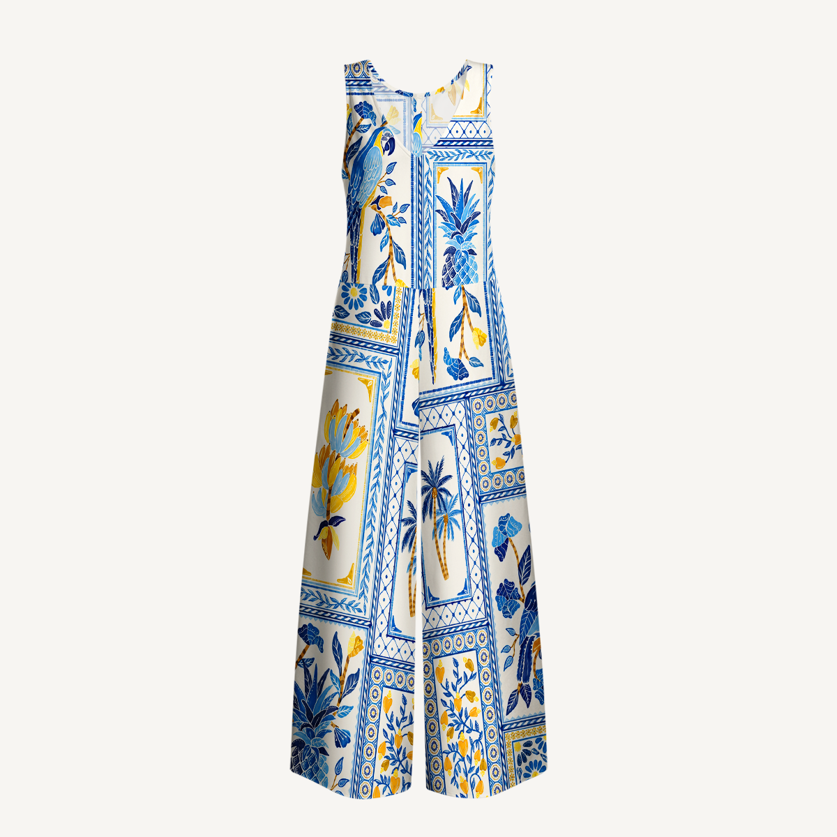 Blue Tropical Tile Jumpsuit with Pockets for Women