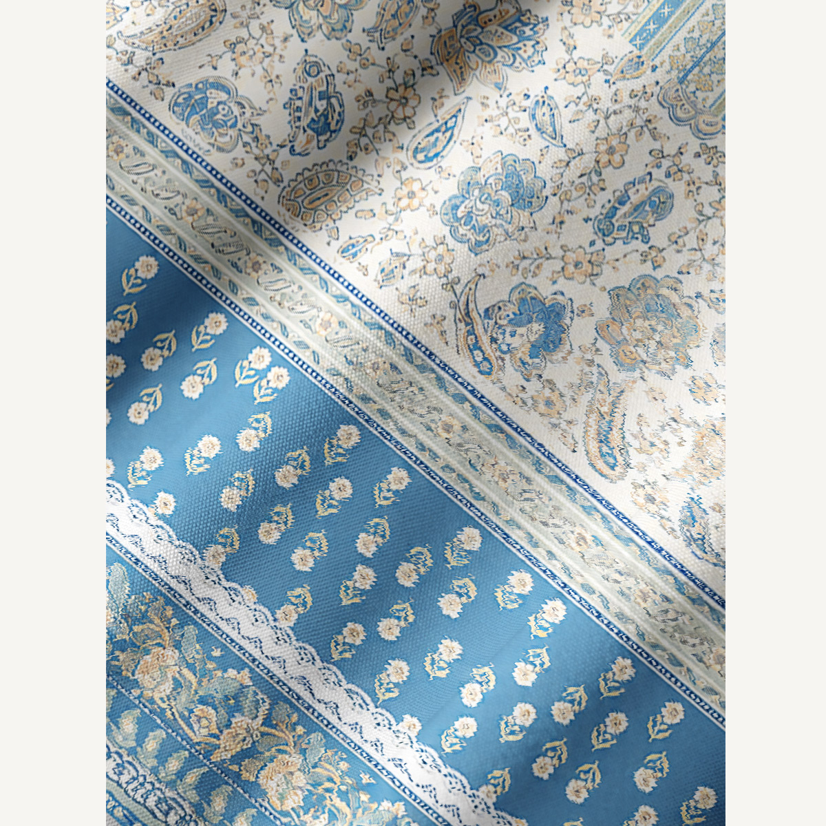 Blue Vintage Floral Border Tie‑Neck Long Sleeve Mini Dress