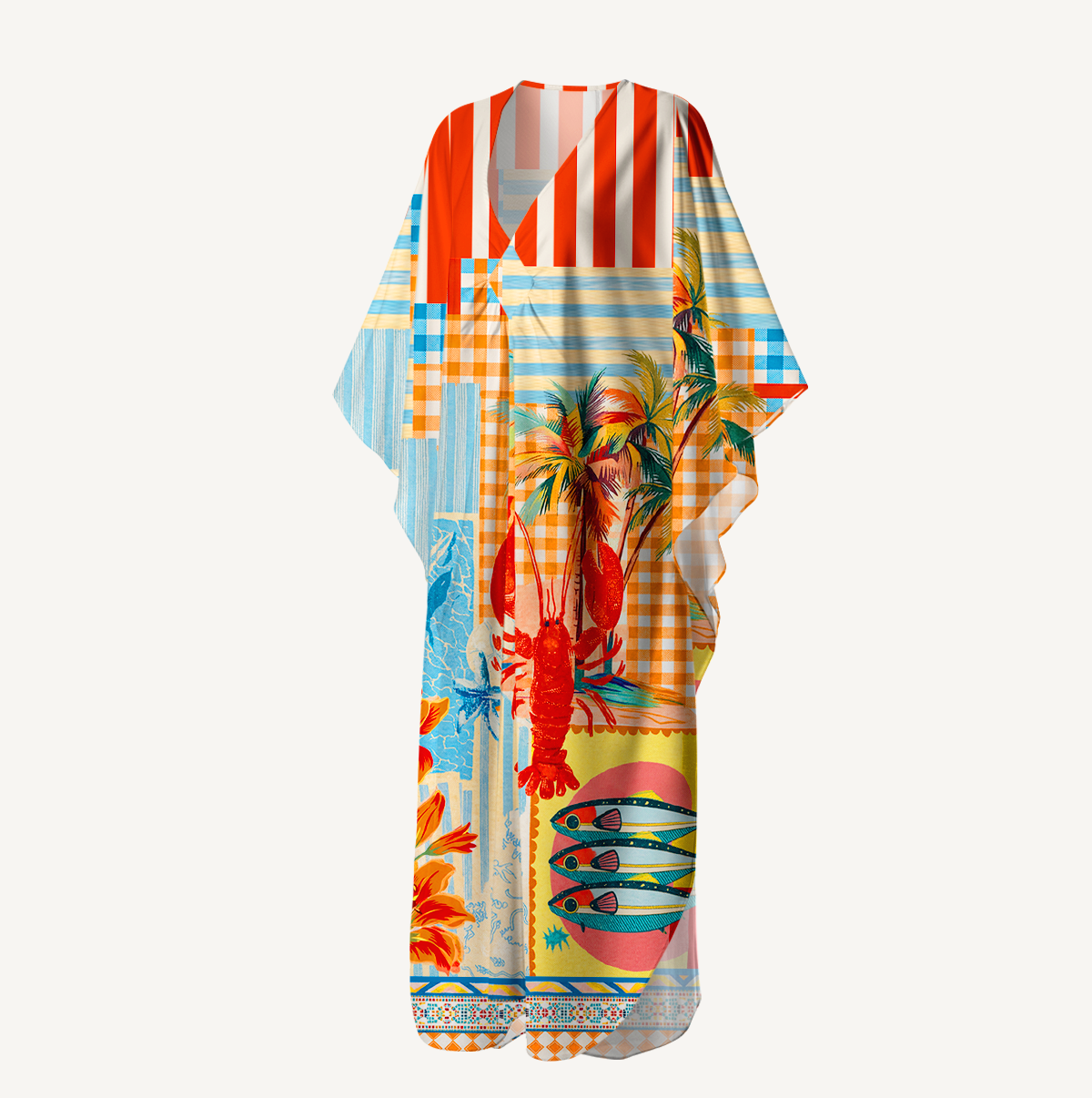 Tropical Lobster Patchwork Kimono Sleeve Kaftan Dress