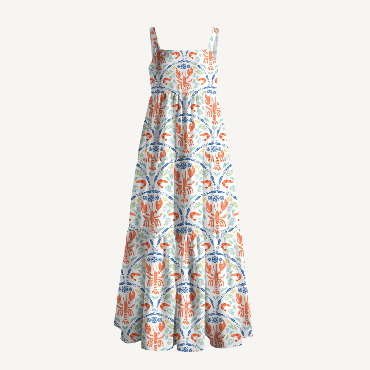 Lobster Print Coastal Sea Life Strap Maxi Dress With Pockets