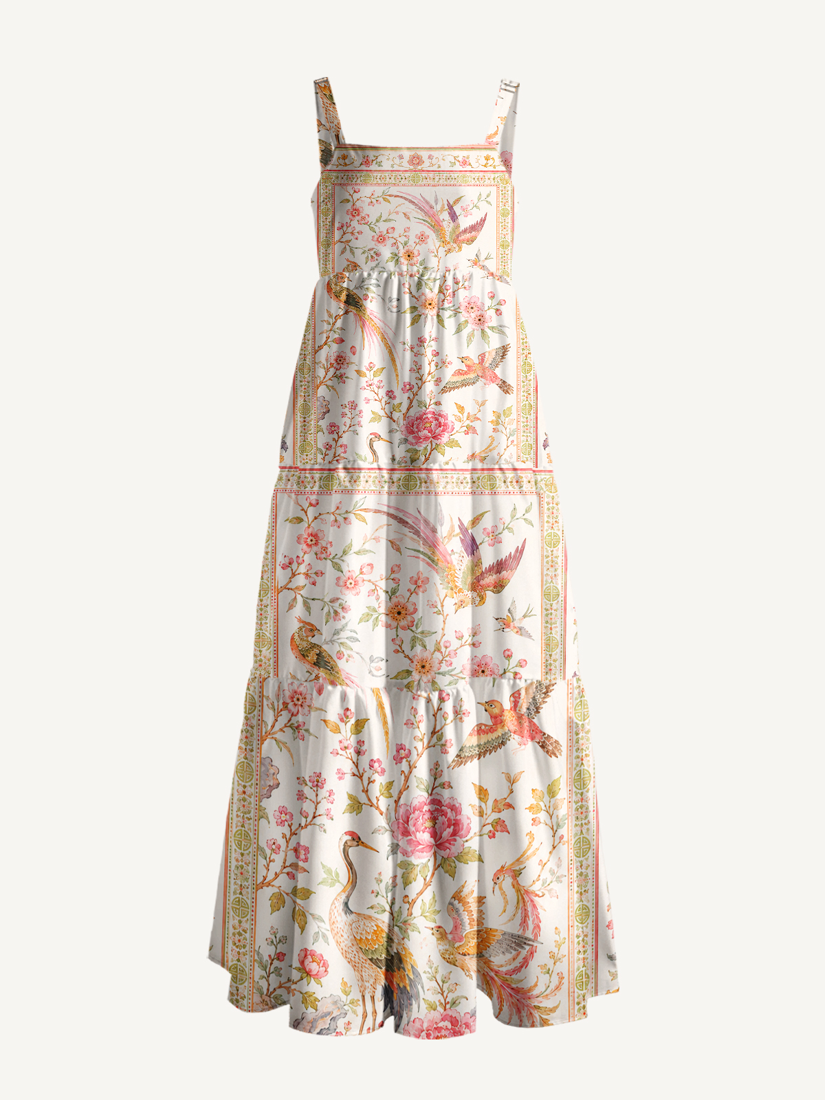 Romantic Crane Chinoiserie Print Strap Maxi Dress With Pockets