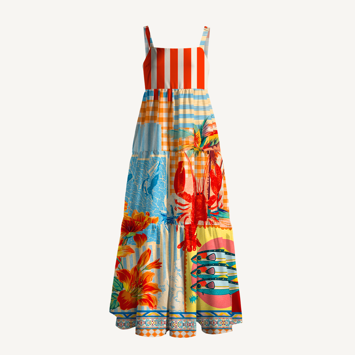 Tropical Lobster Patchwork Wide Straps Maxi Dress With Pockets