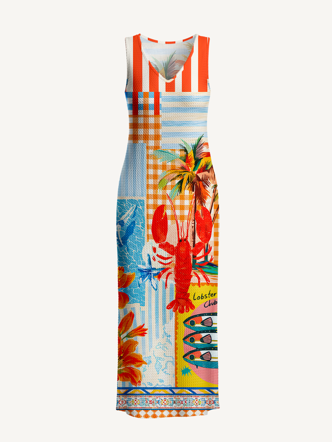 Tropical Lobster Patchwork  Printed Crochet Knit Midi Dress