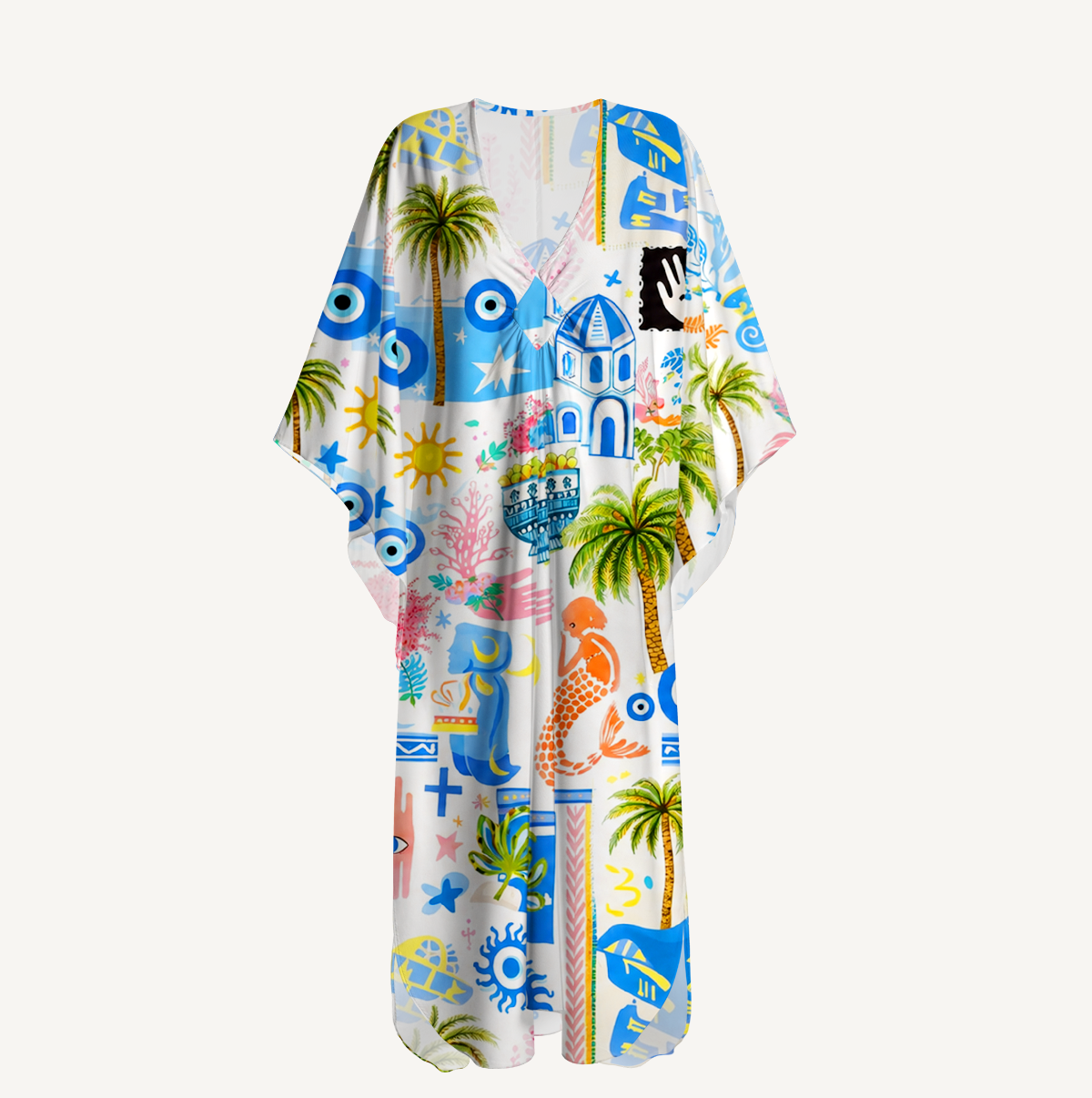 Greek Island Charms Pattern Kimono Sleeve Kaftan Dress