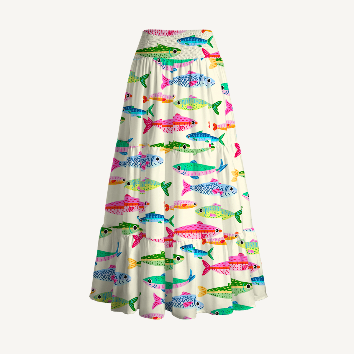 Bright Sardine Print Maxi Skirt & Strapless Dress  
