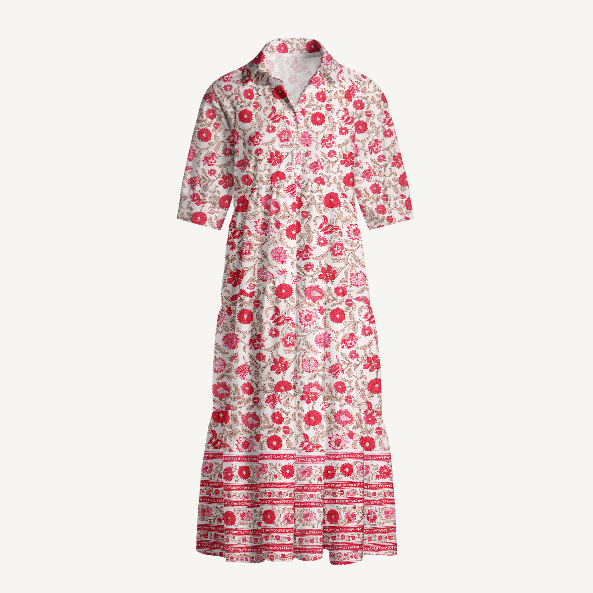 Vintage Crimson Garden Floral Elbow-Length Sleeve Midi Dress With Pockets