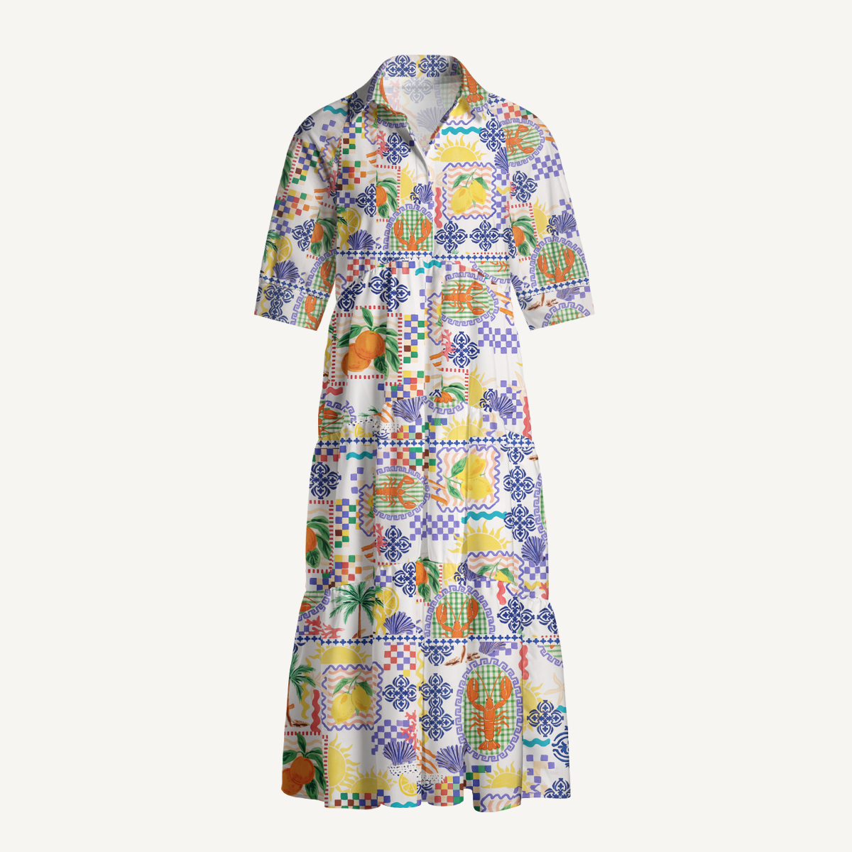 Mediterranean Floral Seaside Print Elbow-Length Sleeve Women Midi Dress With Pockets