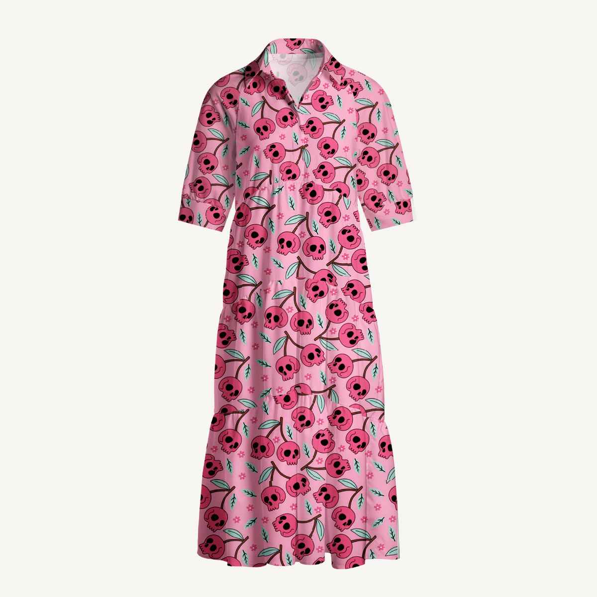 Pink Skull Blossom Halloween Elbow-Length Sleeve Midi Dress