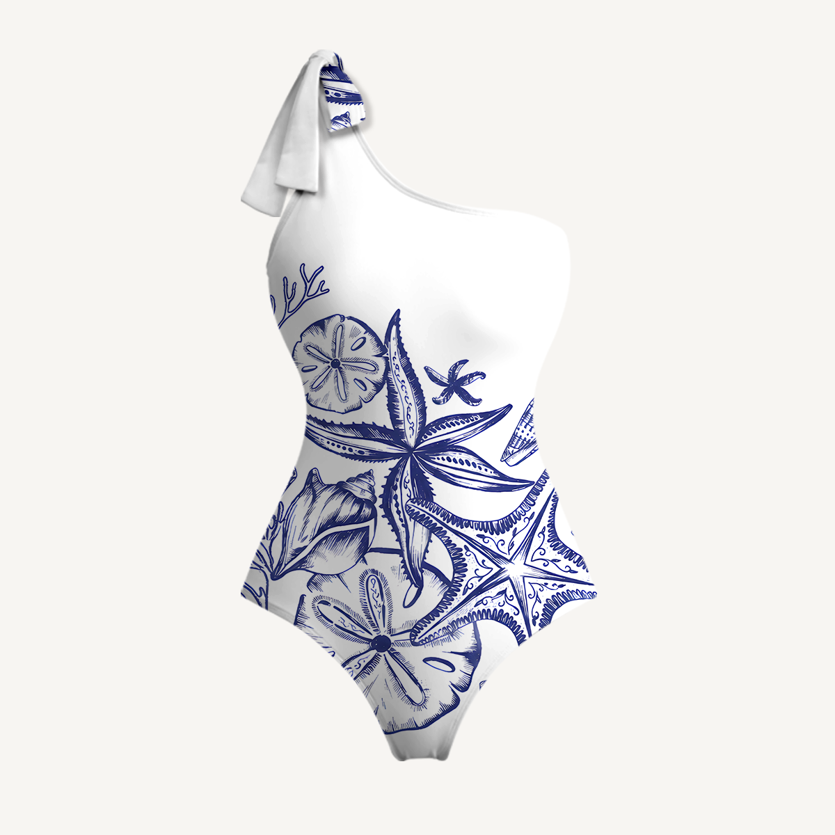 Coastal Nautical Starfish One Shoulder One Piece Swimsuit and Matching Sarong Set for Women
