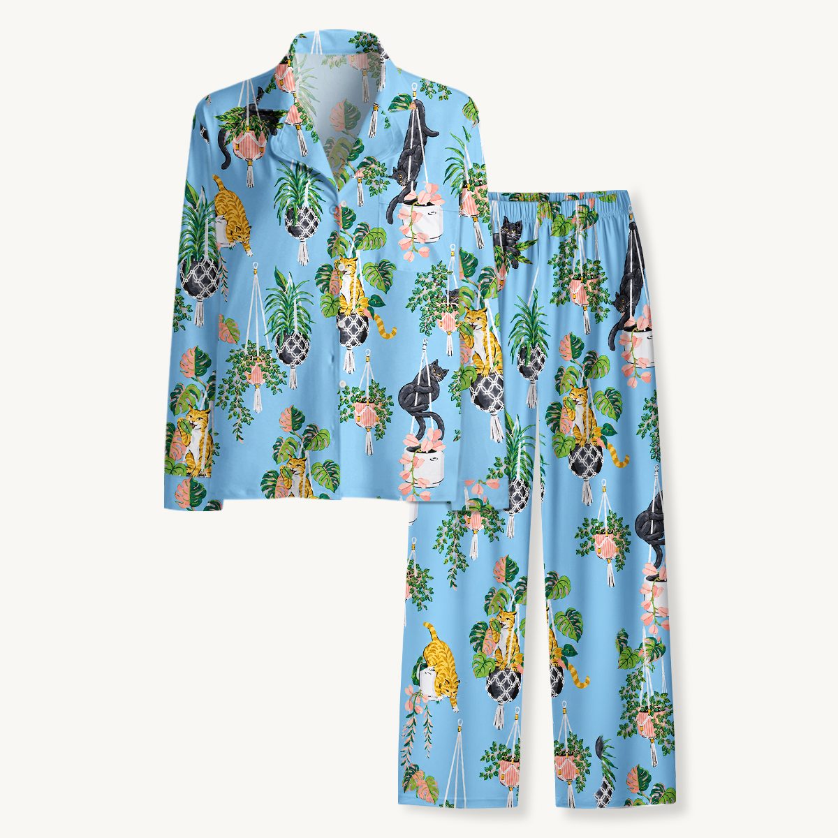 Cats & Hanging Houseplants Long Sleeves Pajama Sets