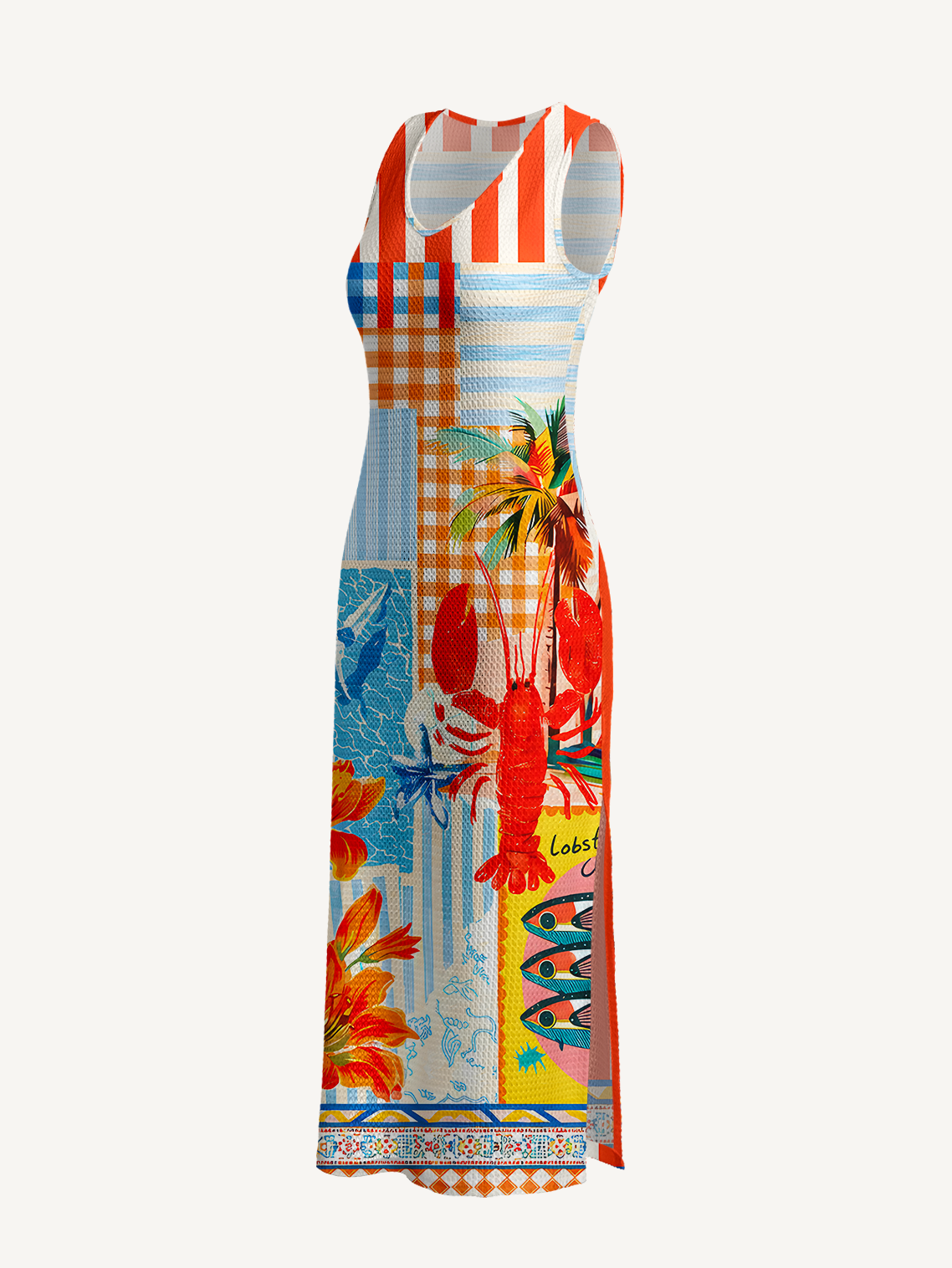 Tropical Lobster Patchwork  Printed Crochet Knit Midi Dress